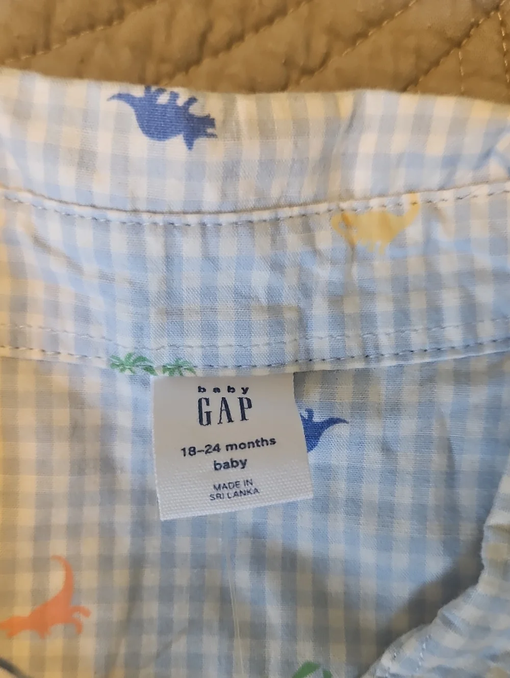 Baby GAP Light Blue Gingham Short-Sleeve Button-Down with Multicolor Dino Print